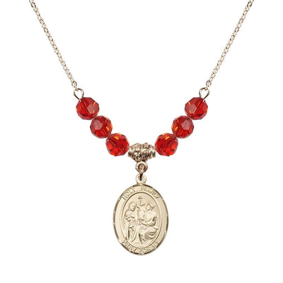 Holy Family Beaded Necklace with Gold-filled Medal, 6mm Austrian Crystal Ruby Beads for July, Bliss Manufacturing