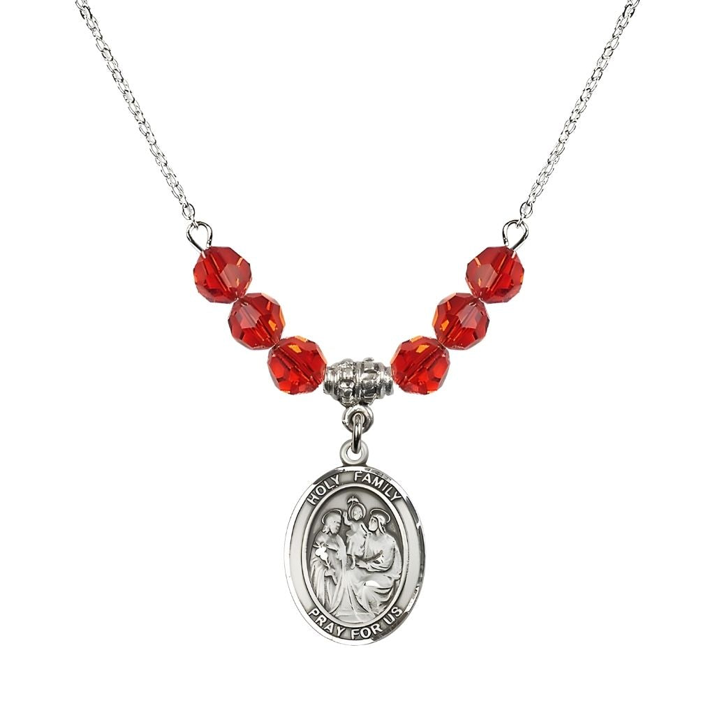 Bliss Holy Family Beaded Necklace with Sterling Silver Medal, 6mm Austrian Crystal Ruby Beads for July