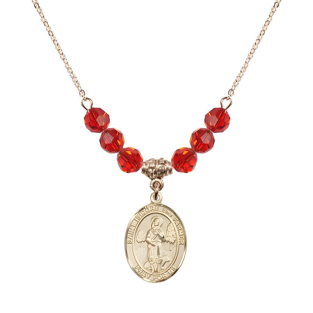 Bliss St. Isidore the Farmer Oval 14kt Gold-filled 6mm Ruby Austrian Crystal Beaded Necklace, Measures 3/4 inch tall by 1/2-inch wide, Gift Box.