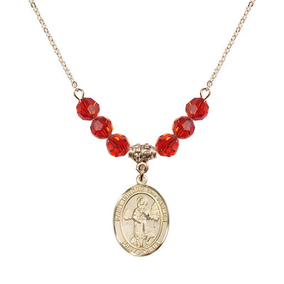 St. Isidore the Farmer Oval 14kt Gold-filled 6mm Ruby Austrian Crystal Beaded Necklace, Measures 3/4 inch tall by 1/2-inch wide, Gift Box, Bliss Manufacturing
