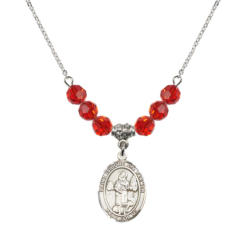 Bliss St. Isidore the Farmer Oval Sterling Silver 6mm Ruby Austrian Crystal Beaded Necklace, Measures 3/4 inch tall by 1/2-inch wide, Gift Box.