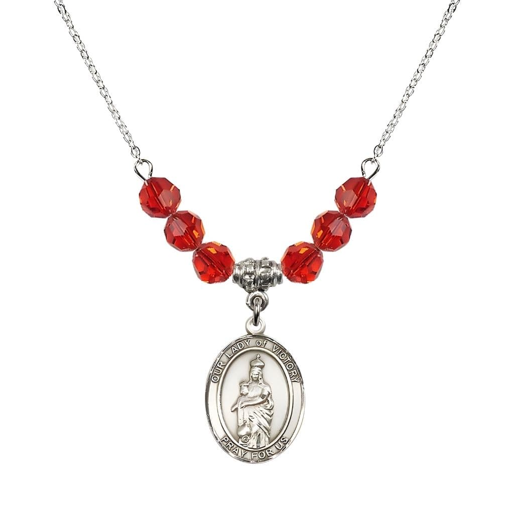 Bliss Our Lady of Victory Sterling Silver 6mm Ruby Austrian Crystal Beaded Necklace with Plated Chain