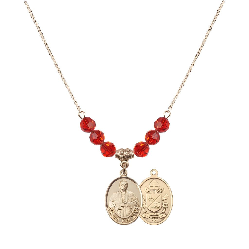 Bliss Pope Leo XIV Beaded Necklace with Gold-filled Medal, 6mm Austrian Crystal Ruby Beads for July