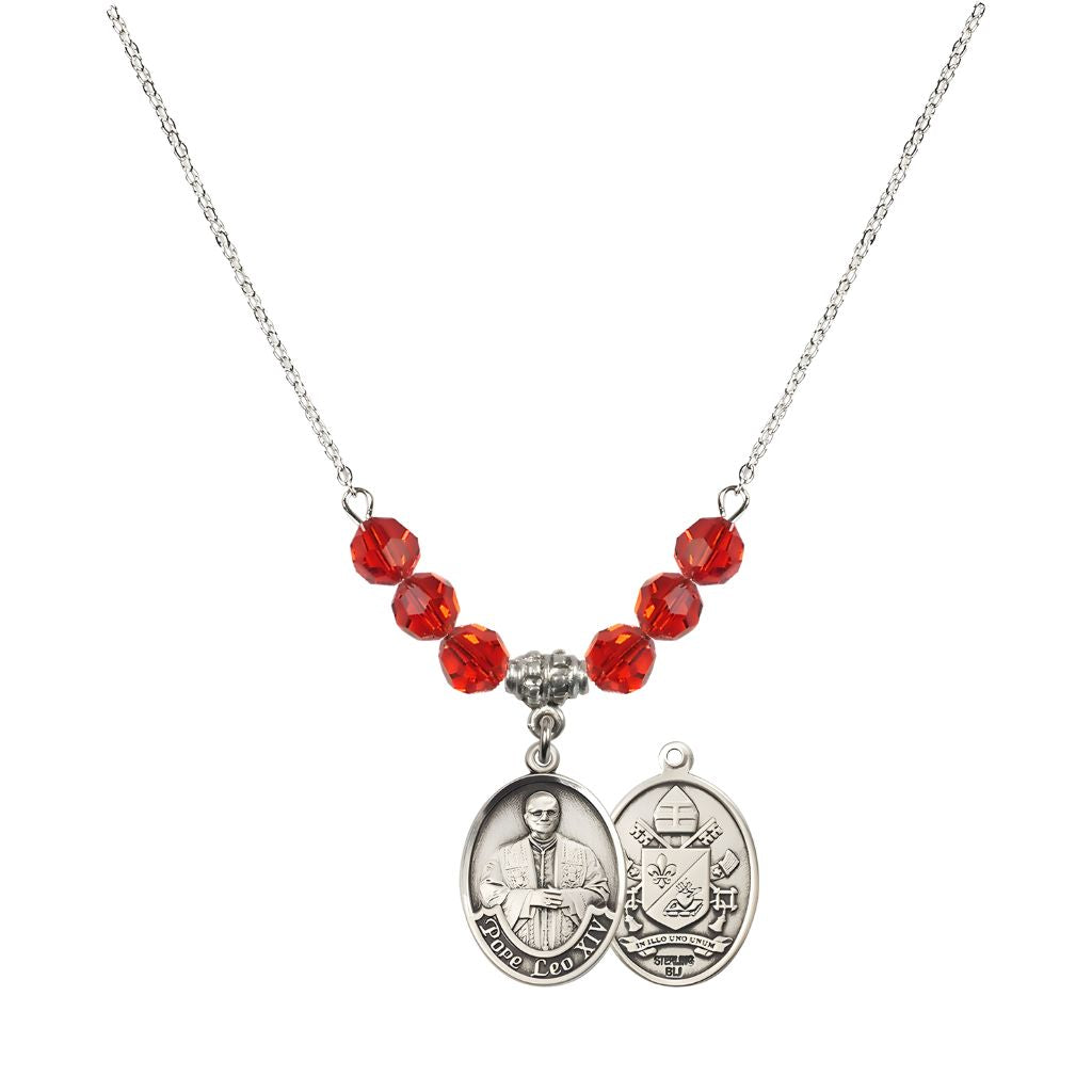 Bliss Pope Leo XIV Crystal Sterling Silver Medal Beaded Necklace with Ruby Crystal Beads,