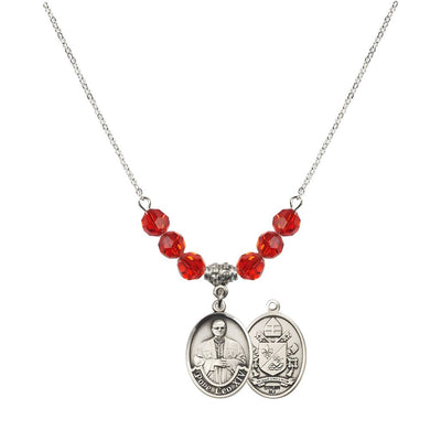 Pope Leo XIV Crystal Sterling Silver Medal Beaded Necklace with Ruby Crystal Beads, Bliss Manufacturing