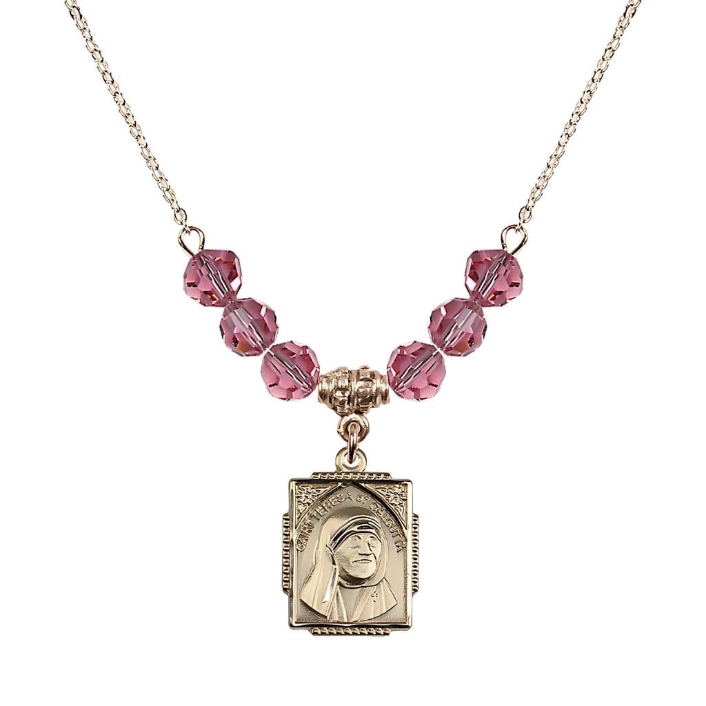 Bliss St. Teresa of Calcutta Square 14kt Gold-filled Rose Crystal Birthstone Necklace,