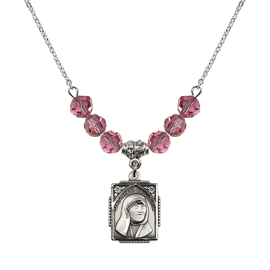 Bliss St. Teresa of Calcutta Square Sterling Silver Rose Crystal Birthstone Necklace,