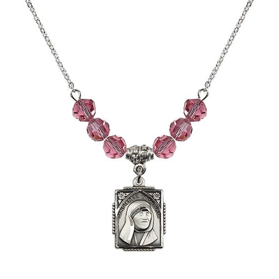 St. Teresa of Calcutta Square Sterling Silver Rose Crystal Birthstone Necklace, Bliss Manufacturing