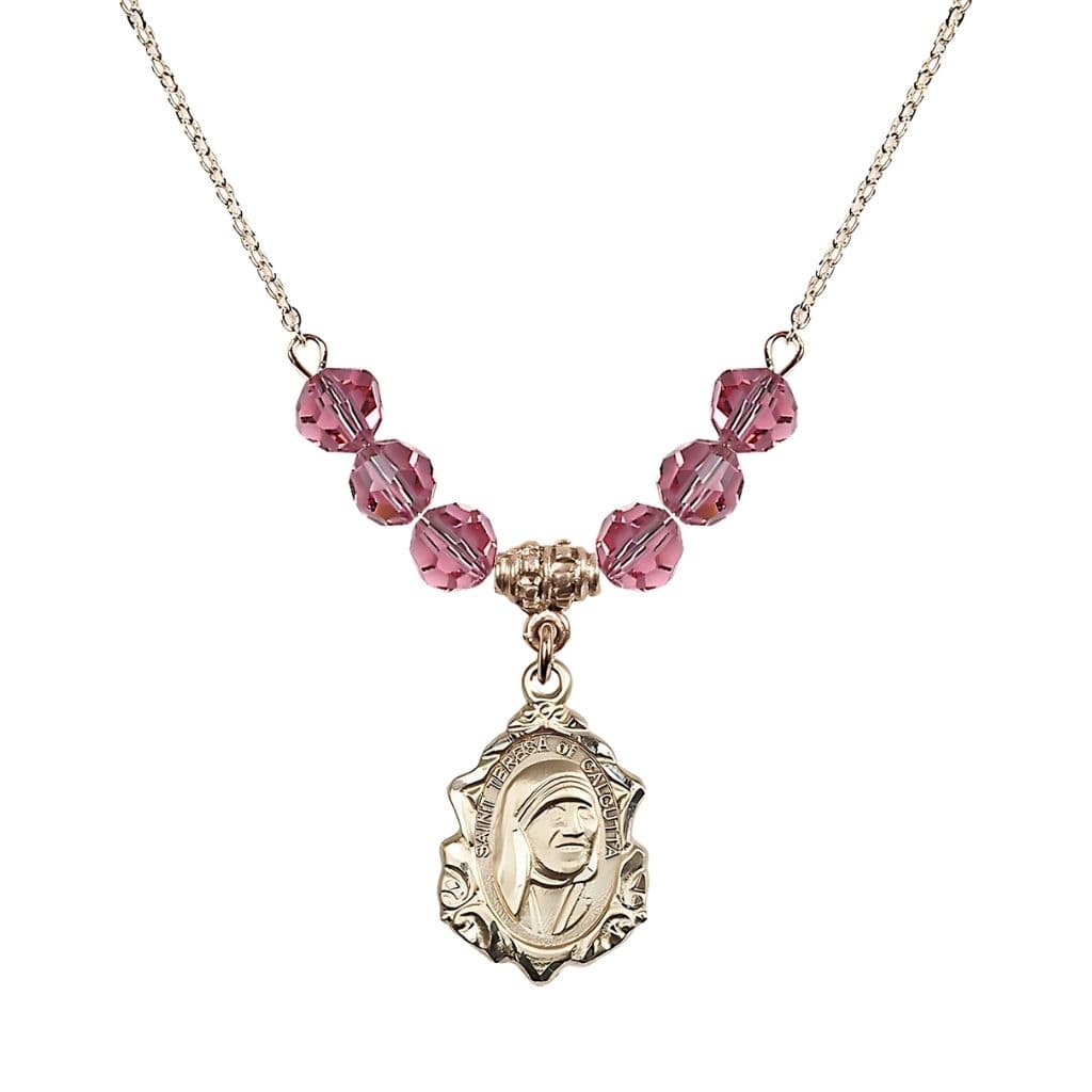 Bliss St. Teresa of Calcutta 14kt Gold-filled Crystal Birthstone Necklace with 6mm Rose Crystal Beads