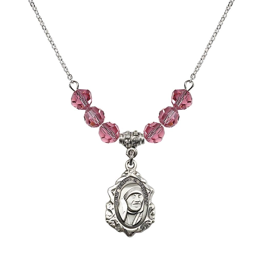Bliss St. Teresa of Calcutta Sterling Silver Crystal Birthstone Necklace with 6mm Rose Crystal Beads