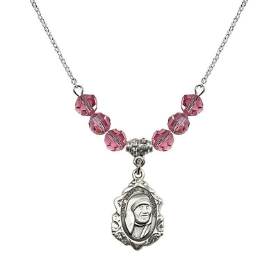 St. Teresa of Calcutta Sterling Silver Crystal Birthstone Necklace with 6mm Rose Crystal Beads, Bliss Manufacturing