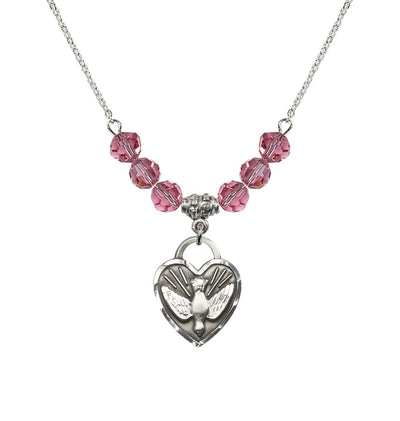 Dove Confirmation Heart Medal with 6mm Rose Crystal Bead Necklace, 3/4 inch tall by 5/8 inch wide, Bliss Manufacturing