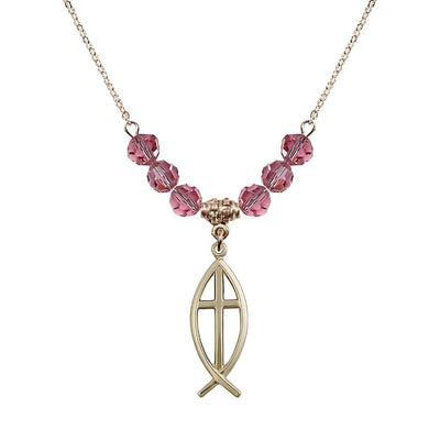 Fish Cross Crystal Rose Birthstone Necklace with 18" Chain, Medal 1", Bliss Manufacturing