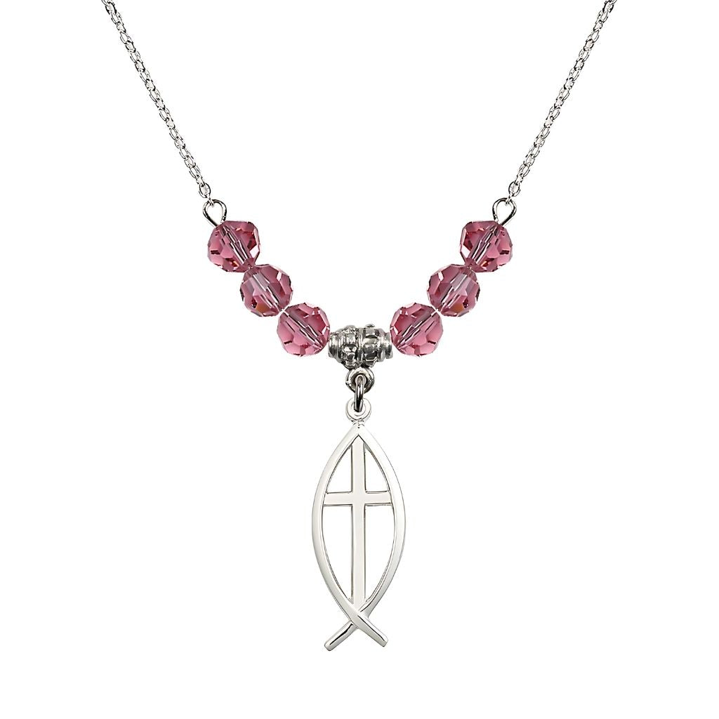 Bliss Fish Cross Crystal Birthstone Necklace with 18-inch Chain in Rose, Medal 1 inch tall by 3/8 inch wide