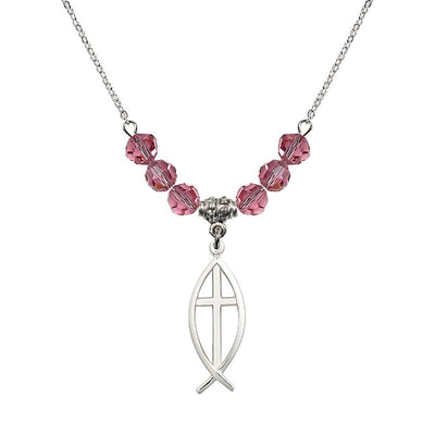 Fish Cross Crystal Birthstone Necklace with 18-inch Chain in Rose, Medal 1 inch tall by 3/8 inch wide, Bliss Manufacturing