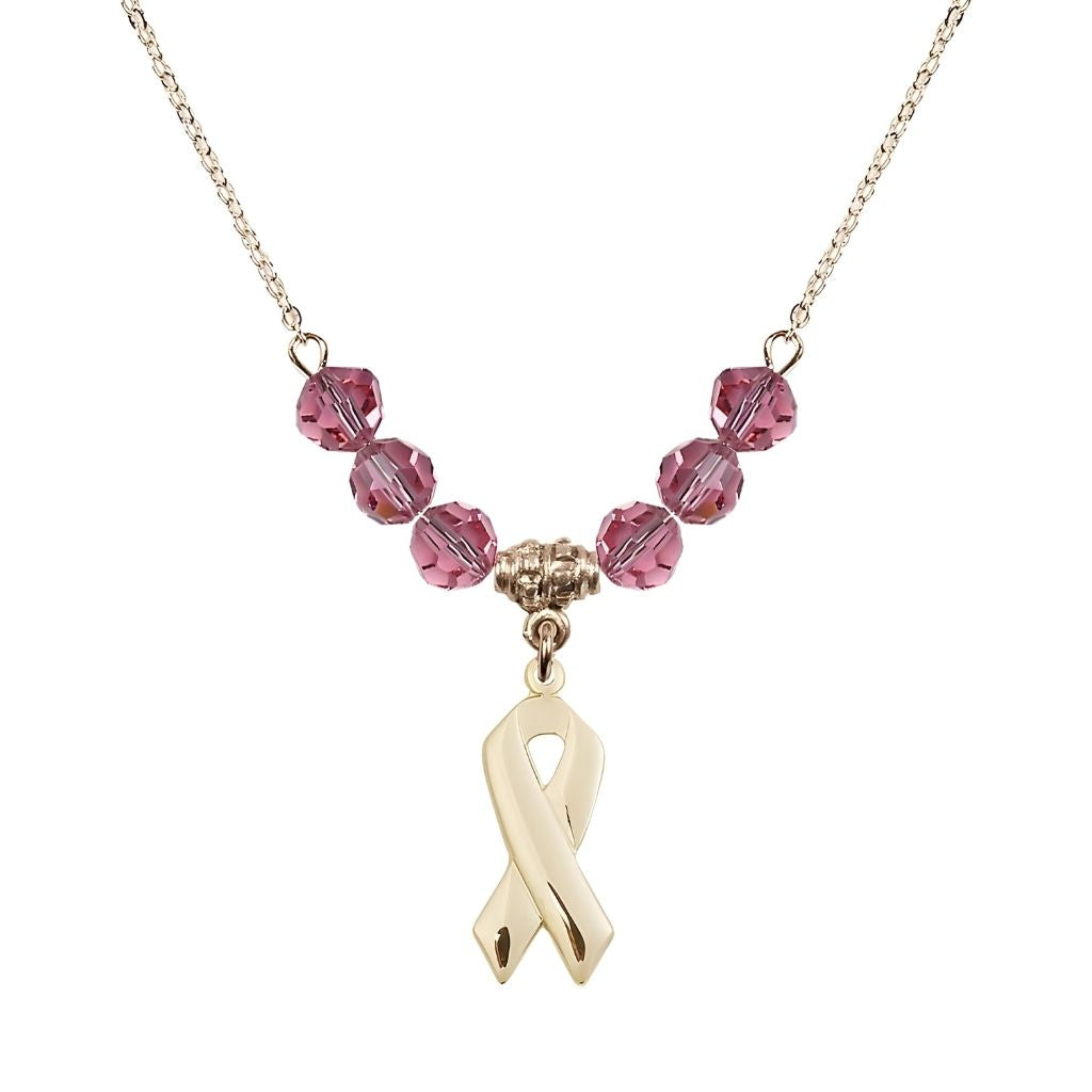 Bliss 14kt Gold-filled Cancer Awareness Ribbon Rose Birthstone Crystal Beaded Necklace, Charm Measures 7/8 inch tall by 3/8 inch wide