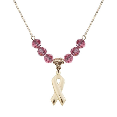 14kt Gold-filled Cancer Awareness Ribbon Rose Birthstone Crystal Beaded Necklace, Charm Measures 7/8 inch tall by 3/8 inch wide, Bliss Manufacturing