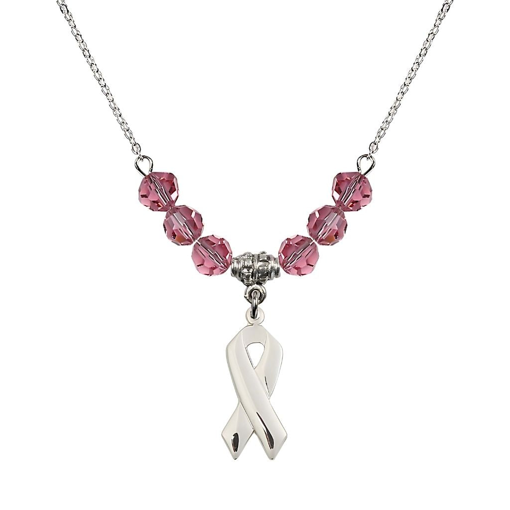Bliss Sterling Silver Cancer Awareness Ribbon Rose Birthstone Crystal Beaded Necklace, Charm Measures 7/8 inch tall by 3/8 inch wide