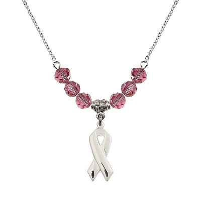 Sterling Silver Cancer Awareness Ribbon Rose Birthstone Crystal Beaded Necklace, Charm Measures 7/8 inch tall by 3/8 inch wide, Bliss Manufacturing