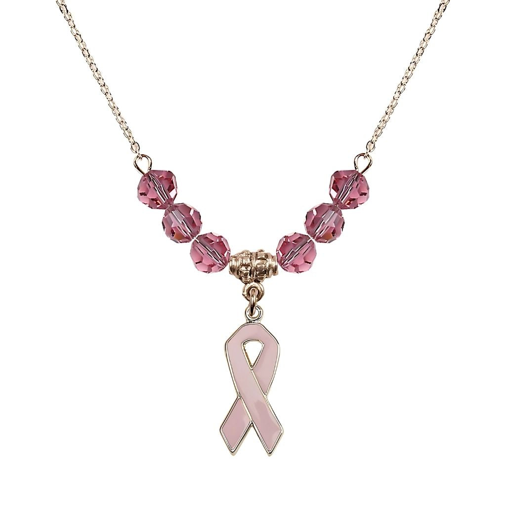 Bliss Gold-filled Breast Cancer Awareness Pink Ribbon Rose Crystal Beaded Necklace, Measures 7/8-inch tall by 1/4-inch wide