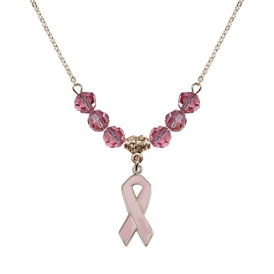 Gold-filled Breast Cancer Awareness Pink Ribbon Rose Crystal Beaded Necklace, Measures 7/8-inch tall by 1/4-inch wide, Bliss Manufacturing