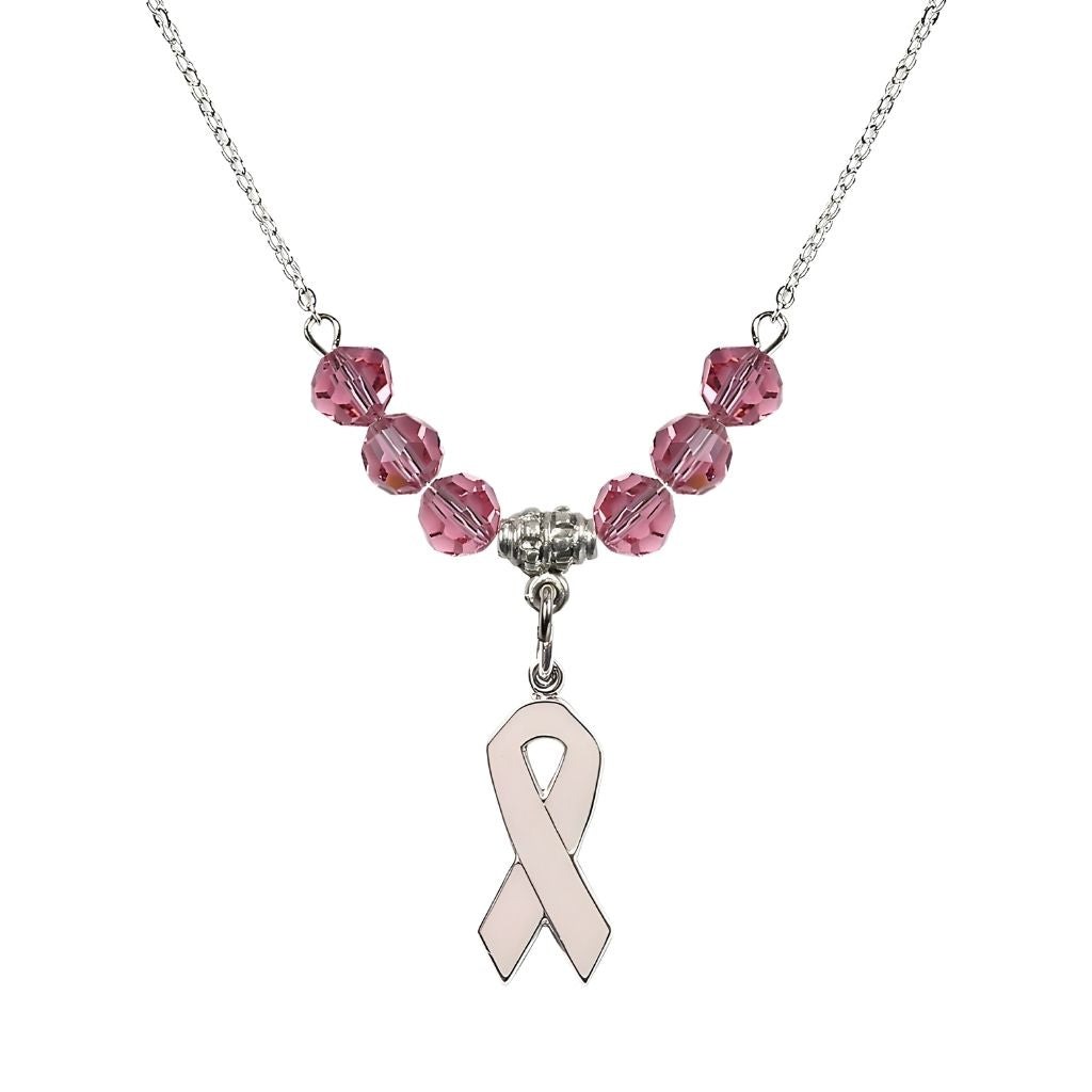 Bliss Sterling Silver Breast Cancer Awareness Pink Ribbon Rose Crystal Beaded Necklace, Measures 7/8-inch tall by 1/4-inch wide