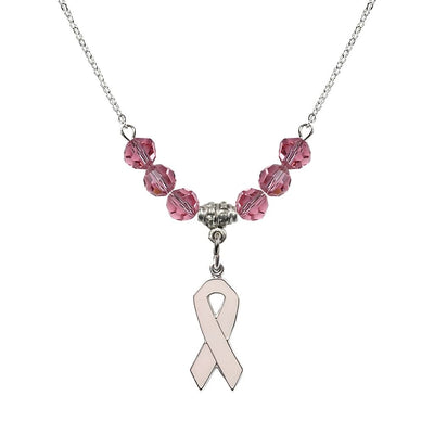 Sterling Silver Breast Cancer Awareness Pink Ribbon Rose Crystal Beaded Necklace, Measures 7/8-inch tall by 1/4-inch wide, Bliss Manufacturing