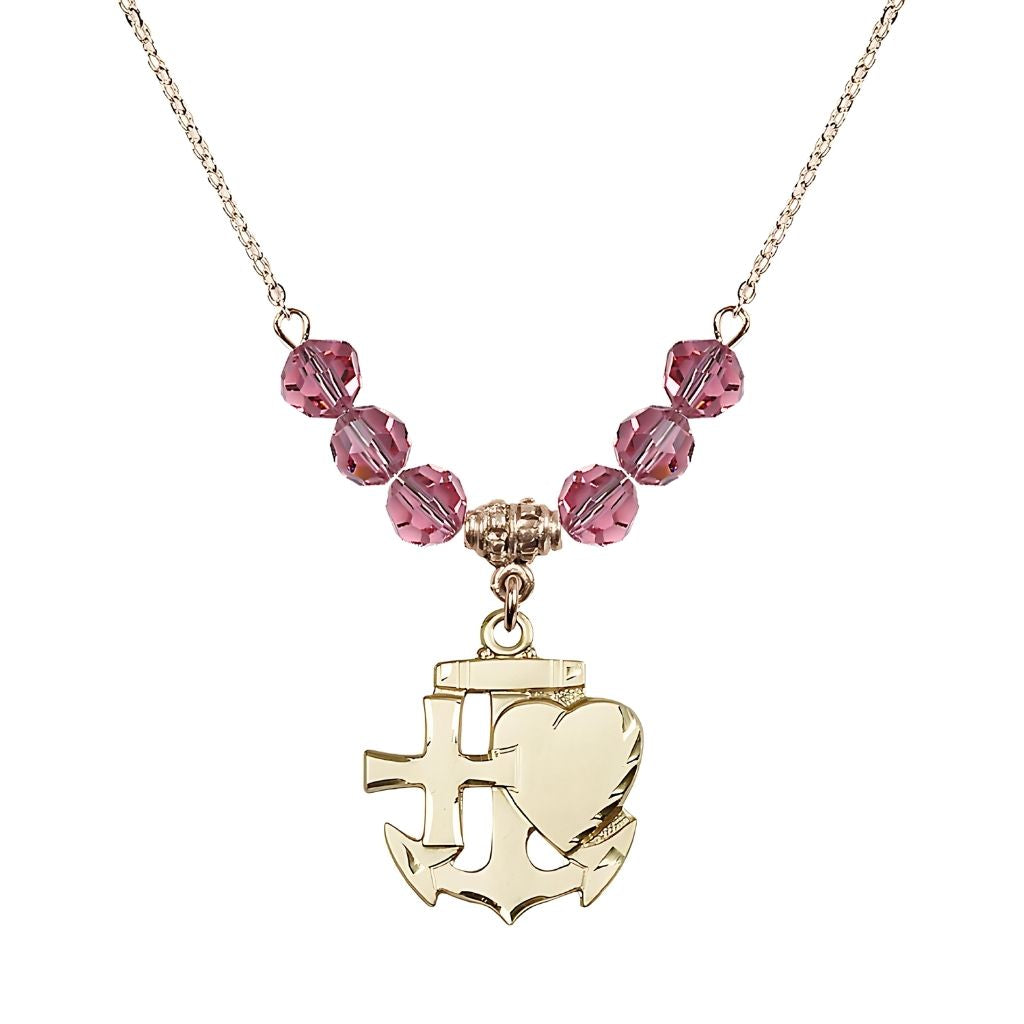 Bliss Christian Faith, Hope and Charity Gold-filled 6mm Rose Crystal Birthstone Necklace