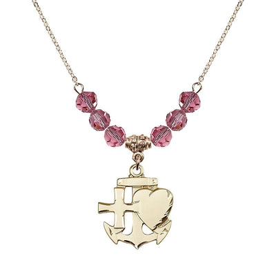 Christian Faith, Hope and Charity Gold-filled 6mm Rose Crystal Birthstone Necklace, Bliss Manufacturing