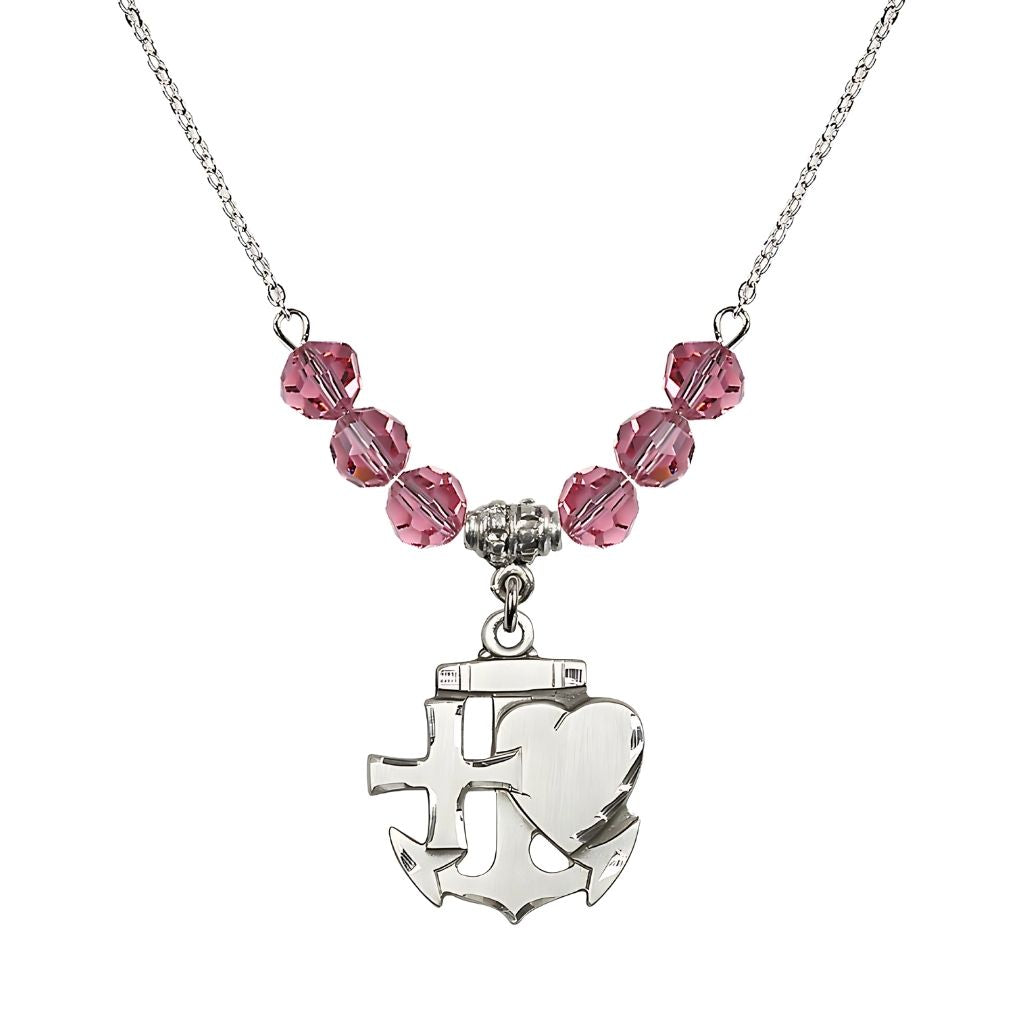 Bliss Christian Faith, Hope and Charity Sterling Silver 6mm Rose Crystal Birthstone Necklace, Medal Measures 7/8-inch tall by 3/4-inch wide