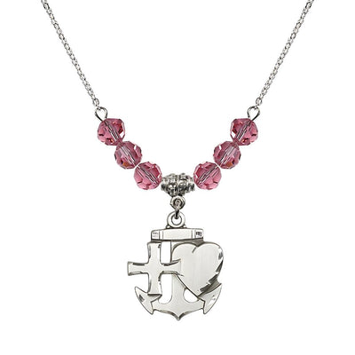 Christian Faith, Hope and Charity Sterling Silver 6mm Rose Crystal Birthstone Necklace, Medal Measures 7/8-inch tall by 3/4-inch wide, Bliss Manufacturing