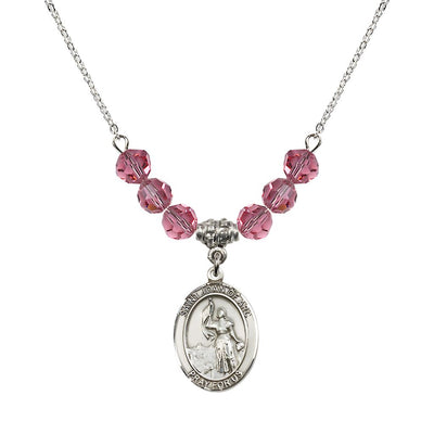 St. Joan of Arc Oval Sterling Silver 6mm Rose Austrian Crystal Beaded Necklace, Measures 3/4 inch tall by 1/2-inch wide, Gift Box, Bliss Manufacturing