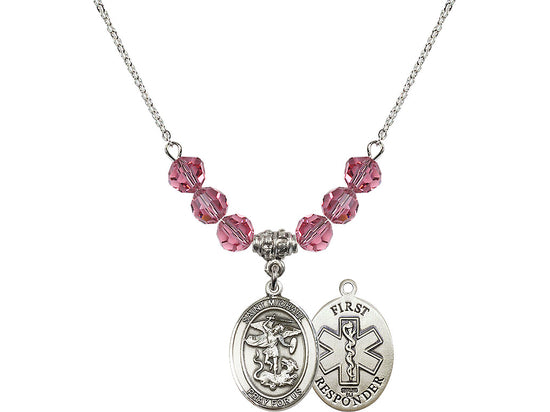 Bliss 1st Responder St Michael Sterling Silver Beaded Necklace in Rose,