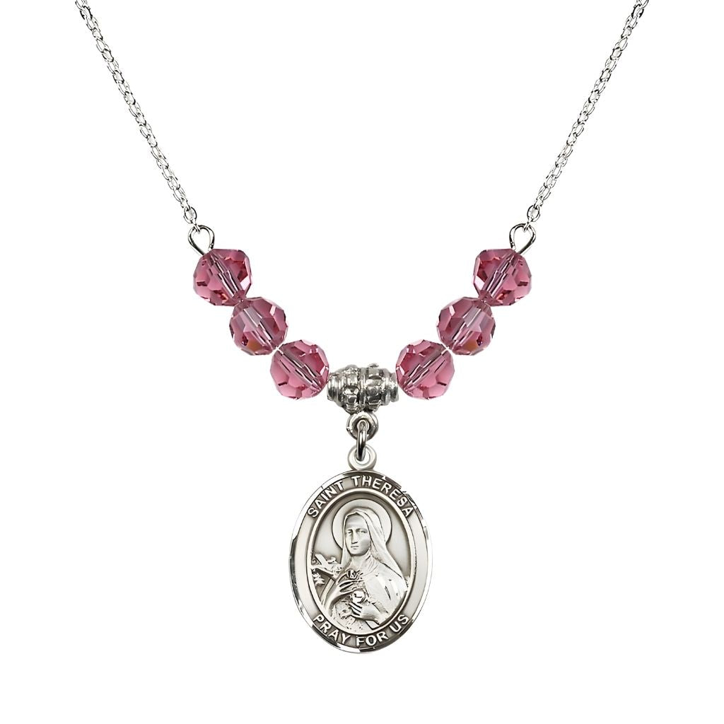Bliss St. Theresa Sterling Silver Crystal Necklace, handcrafted in the USA, Birthstone 6mm Austrian Crystals in Rose