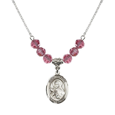 St. Theresa Sterling Silver Crystal Necklace, handcrafted in the USA, Birthstone 6mm Austrian Crystals in Rose, Bliss Manufacturing