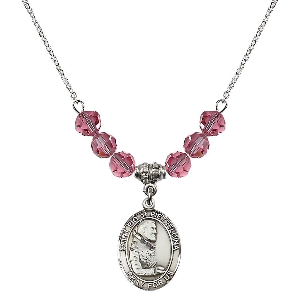 Bliss Sterling Silver St. Padre Pio of Pietrelcina Rose Crystal Birthstone Necklace