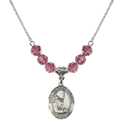 Sterling Silver St. Padre Pio of Pietrelcina Rose Crystal Birthstone Necklace, Bliss Manufacturing