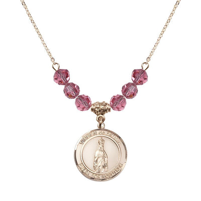 Virgen de Fatima Round 14kt Gold-filled 6mm Rose Beaded Necklace, Measures 3/4 inch tall by 1/2-inch wide, Gift Box, Bliss Manufacturing