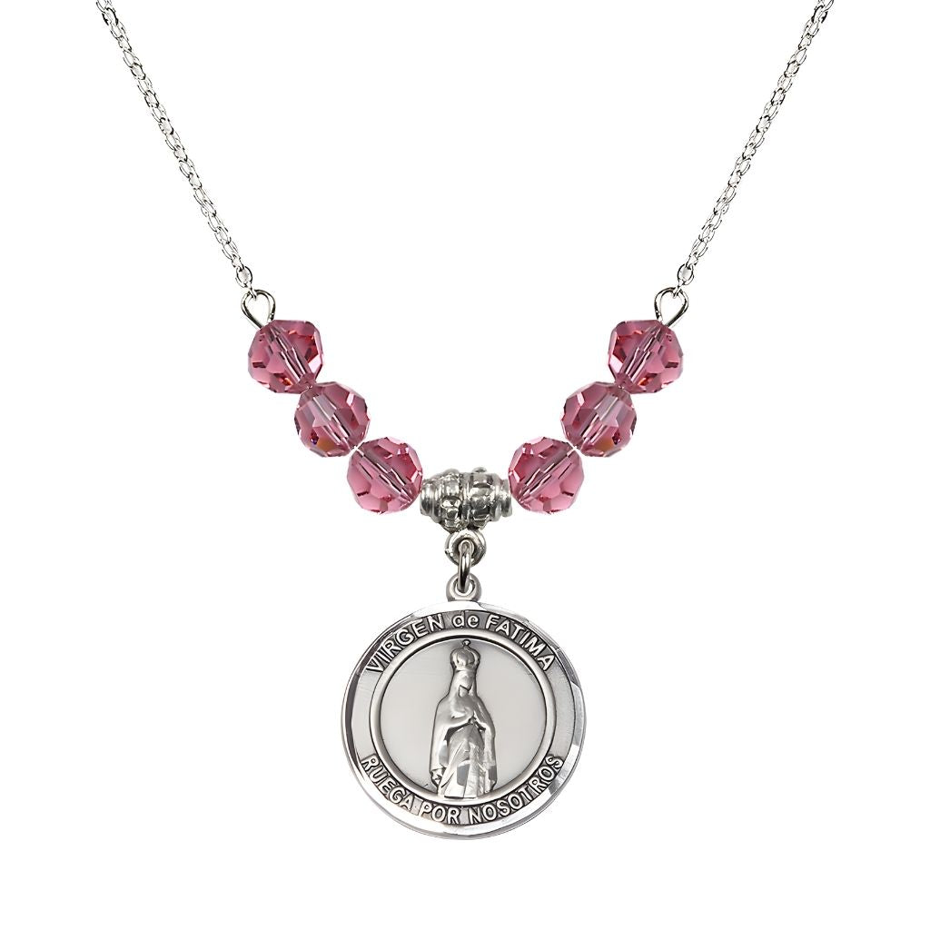 Bliss Virgen de Fatima Round Sterling Silver 6mm Rose Beaded Necklace, Measures 3/4 inch tall by 1/2-inch wide, Gift Box