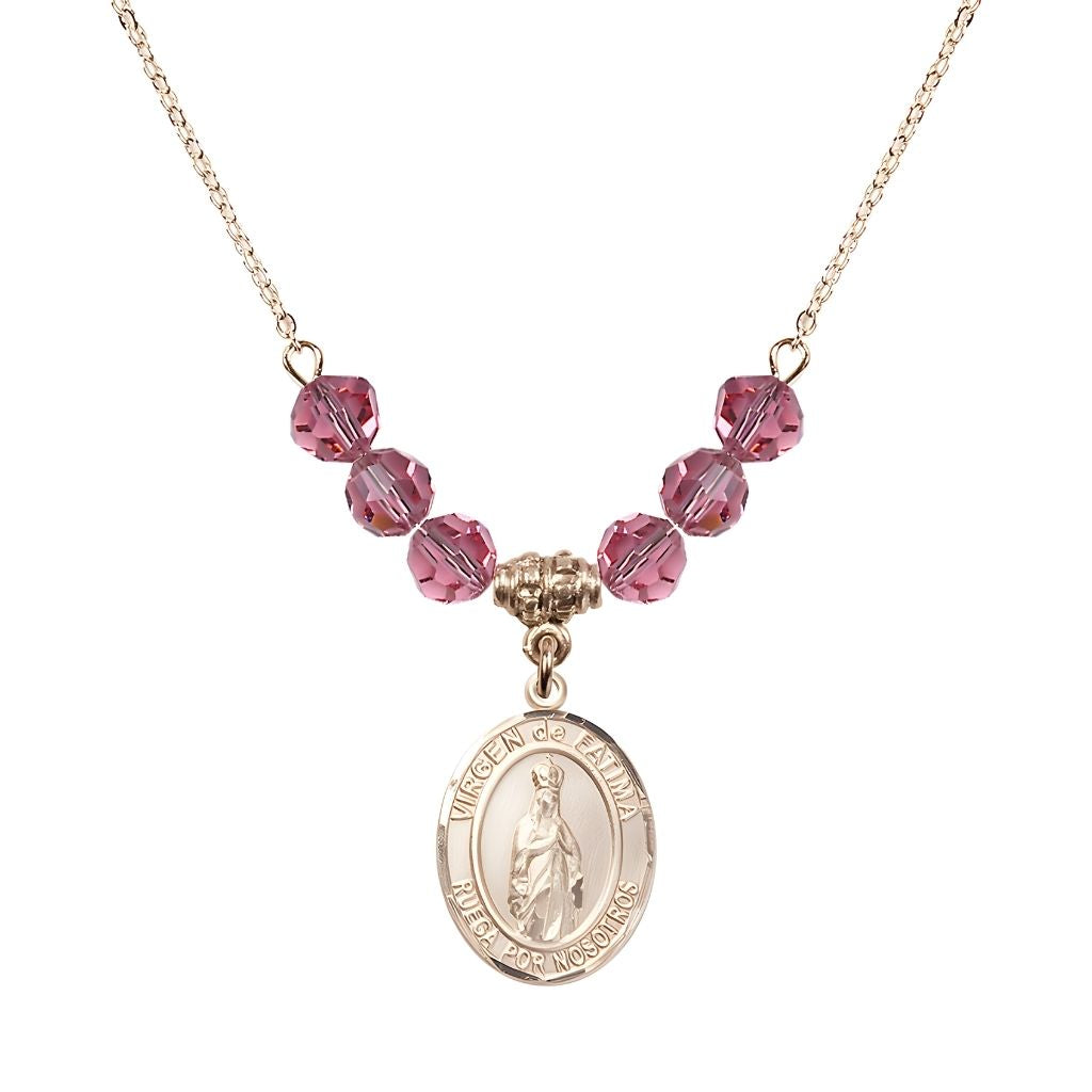Bliss Virgen de Fatima 14kt Gold-filled 6mm Rose Beaded Necklace, Measures 3/4 inch tall by 1/2-inch wide, Gift Box