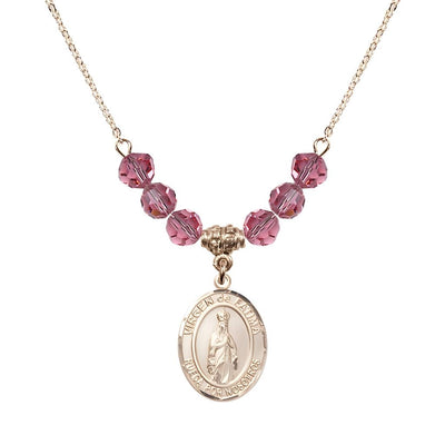 Virgen de Fatima 14kt Gold-filled 6mm Rose Beaded Necklace, Measures 3/4 inch tall by 1/2-inch wide, Gift Box, Bliss Manufacturing