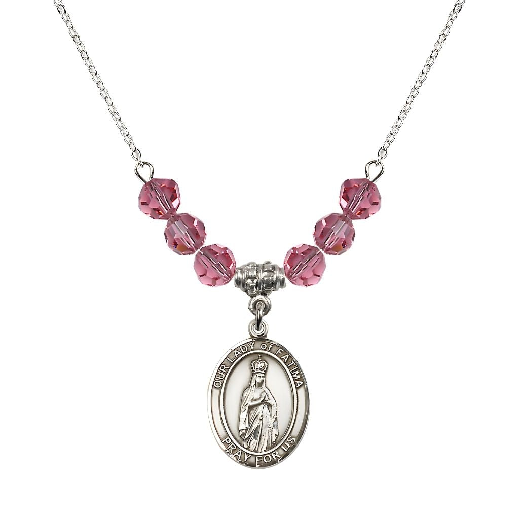 Bliss Our Lady of Fatima Sterling Silver 6mm Rose Beaded Necklace, Measures 3/4 inch tall by 1/2-inch wide, Gift Box