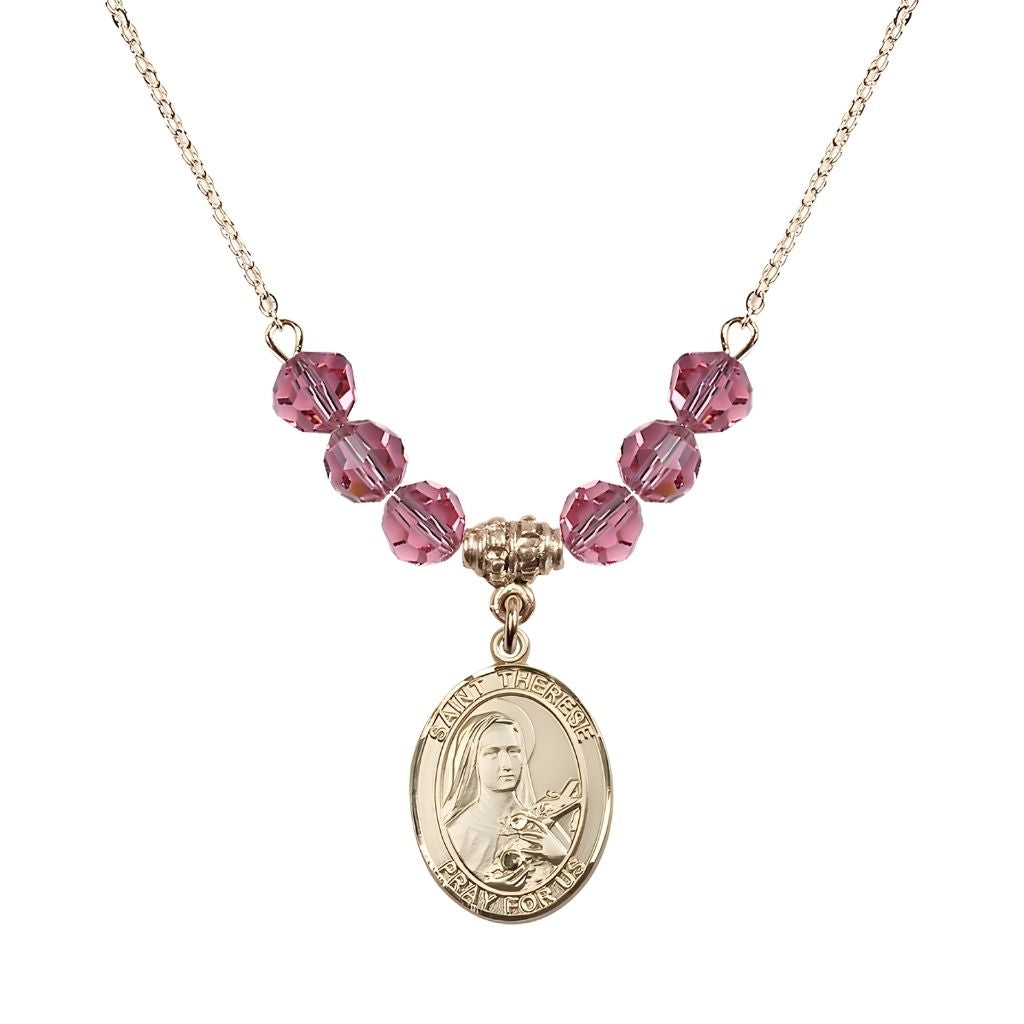 Bliss St. Therese of Lisieux Gold-filled Birthstone Necklace with 6mm Austrian crystal in rose beads