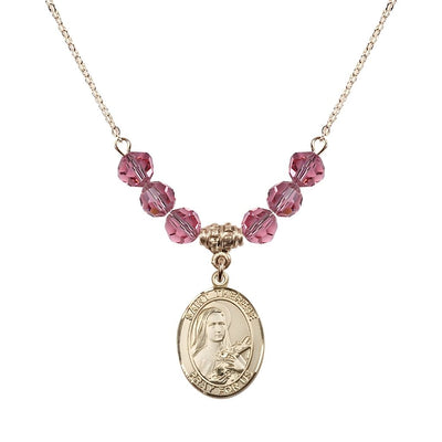 St. Therese of Lisieux Gold-filled Birthstone Necklace with 6mm Austrian crystal in rose beads, Bliss Manufacturing