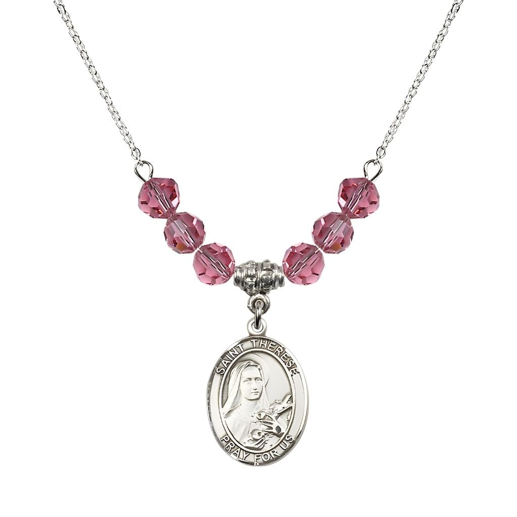 Bliss St. Therese of Lisieux Sterling Silver Medal and Birthstone 6mm Rose Crystal Necklace
