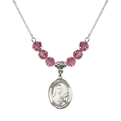 St. Therese of Lisieux Sterling Silver Medal and Birthstone 6mm Rose Crystal Necklace, Bliss Manufacturing