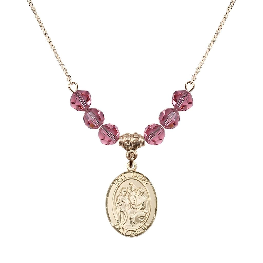 Bliss Holy Family Beaded Necklace with Gold-filled Medal, 6mm Austrian Crystal Pink Rose Beads for October