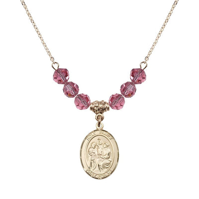 Holy Family Beaded Necklace with Gold-filled Medal, 6mm Austrian Crystal Pink Rose Beads for October, Bliss Manufacturing
