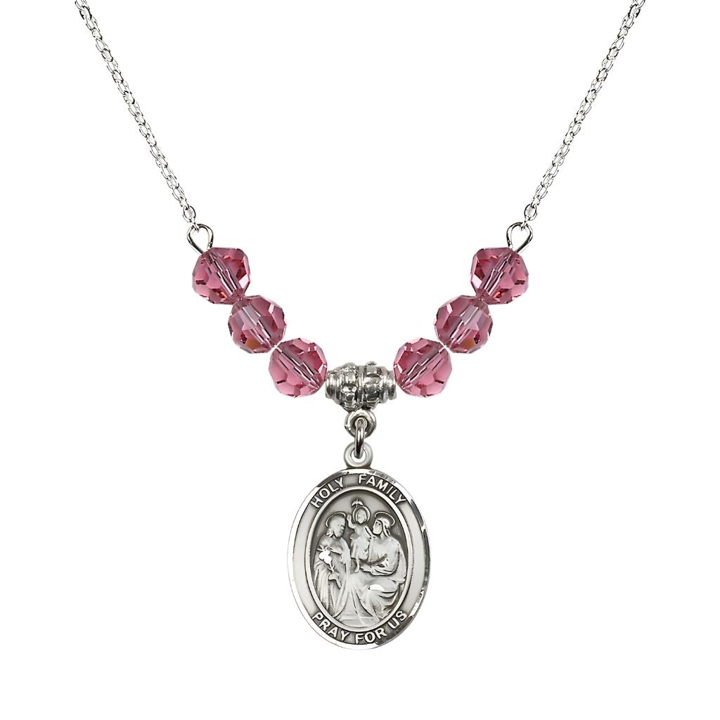 Bliss Holy Family Beaded Necklace with Sterling Silver Medal, 6mm Austrian Crystal Pink Rose Beads for October
