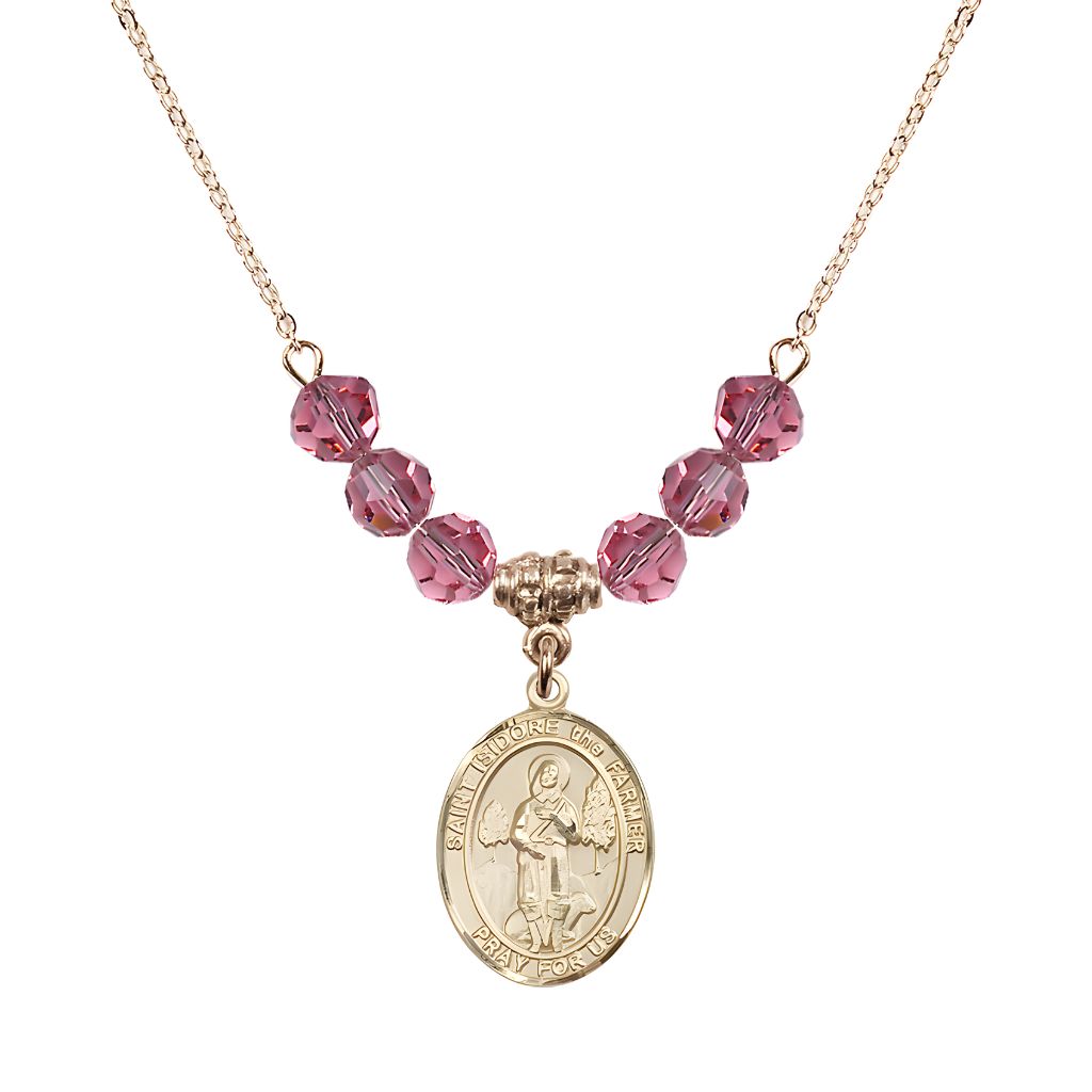 Bliss St. Isidore the Farmer Oval 14kt Gold-filled 6mm Rose Austrian Crystal Beaded Necklace, Measures 3/4 inch tall by 1/2-inch wide, Gift Box.